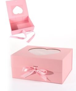 Pink Heart-Shaped Window Gift Box – Foldable Magnetic Gift Box with Ribbon for Valentine, Birthday, Wedding & Special Occasions