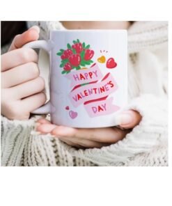 RYN® "Happy Valentine's Day" Ceramic Mug with Festive Floral & Heart Design - Insulated Coffee Cup for Home Use, Perfect for Romantic Gifts, Includes Gift Box Packaging, Coffee Mug WHITE
