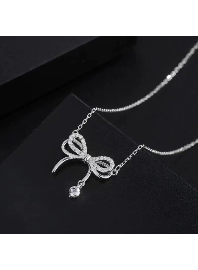 1pc Boho Chic Heart Bow Pendant Necklace, Synthetic Zirconia, Alloy with UV Plating, Versatile for Banquets, Festivals, and Everyday Wear, Valentine'S Day Gift