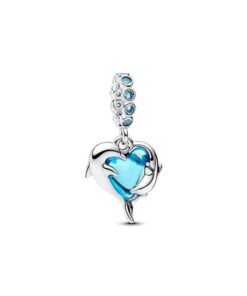PANDORA Blue Murano Glass Dolphins Dangle Charm