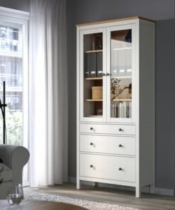 Alternative view of Glass-door cabinet with 3 drawers, white stain/light brown, 90x197 cm