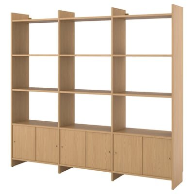 Storage combination w sliding doors, with 9 shelves/oak effect, 238x35x212 cm