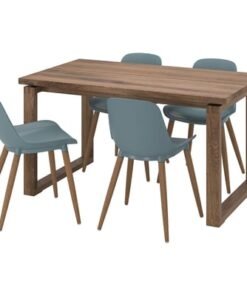 Table and 4 chairs, oak veneer brown stained/grey-turquoise, 140x85 cm