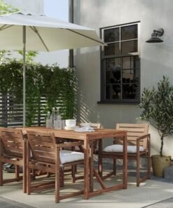Alternative view of Table+4 chairs w armrests, outdoor, light brown stained/Kuddarna light grey-beige, 140x75 cm