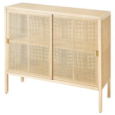 Cabinet with sliding doors, rattan/pine, 125x47x110 cm