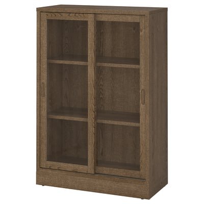Cabinet with sliding glass doors, brown stained oak veneer, 82x37x120 cm