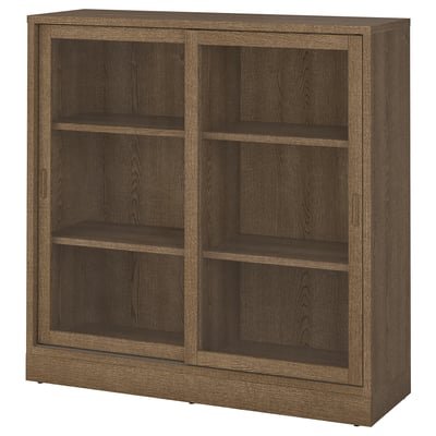 Cabinet with sliding glass doors, brown stained oak veneer, 121x37x120 cm