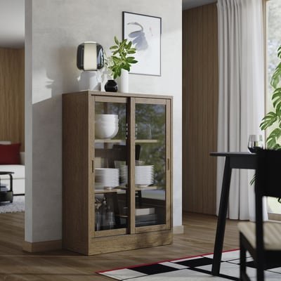 Cabinet with sliding glass doors, brown stained oak veneer, 82x37x120 cm - Image 2