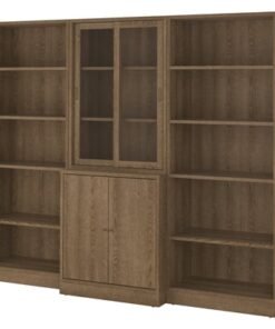 Storage comb w sliding glass doors, brown stained oak veneer/clear glass, 245x47x201 cm