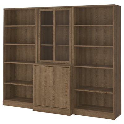 Storage comb w sliding glass doors, brown stained oak veneer/clear glass, 245x47x201 cm