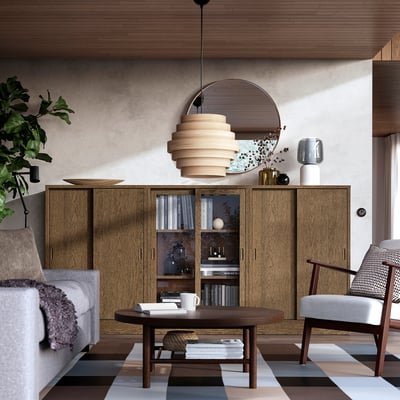Storage combination w sliding doors, brown stained oak veneer/clear glass, 245x37x120 cm - Image 2