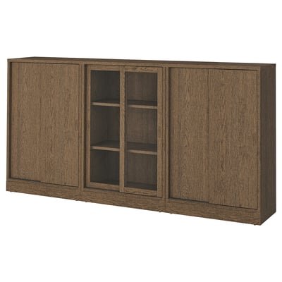 Storage combination w sliding doors, brown stained oak veneer/clear glass, 245x37x120 cm