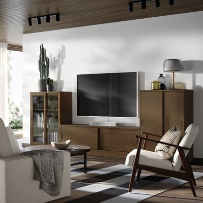 TV/storage comb with sliding doors, brown stained oak veneer/clear glass, 342x37x120 cm - Image 2