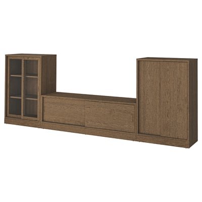 TV/storage comb with sliding doors, brown stained oak veneer/clear glass, 342x37x120 cm