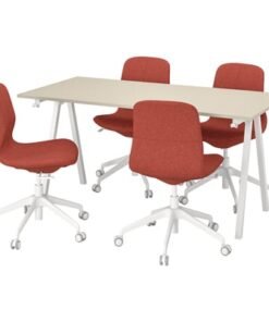 Conference table and chairs, beige white/red-orange, 160x80 cm