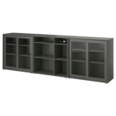 Storage combination w glass doors, dark grey/clear glass, 285x37x90 cm