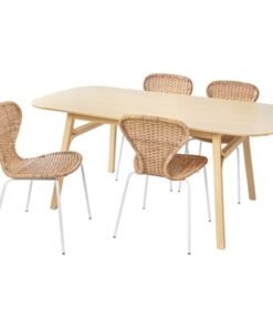 Table and 4 chairs, light bamboo/rattan white, 180x90 cm